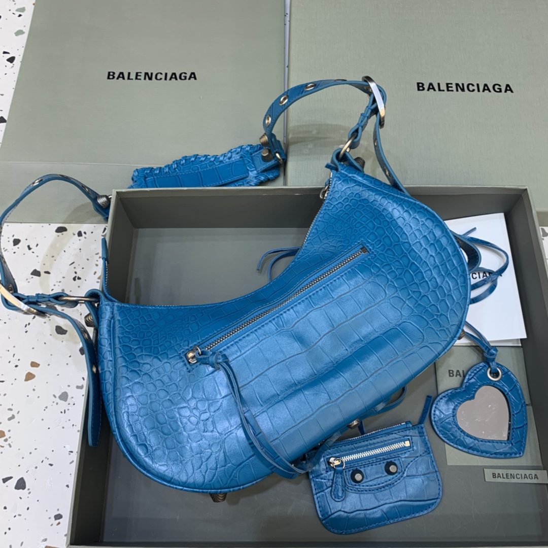 Balenciaga Le Cagole Small Shoulder Bag Crocodile Embossed Blue